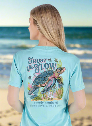 Simply Southern Tee
Printed on a washed aqua tee
trust the flow 
features a turtle and ocean scene 
tracking turtle tee