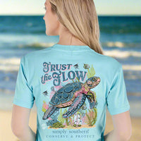 Simply Southern Tee
Printed on a washed aqua tee
trust the flow 
features a turtle and ocean scene 
tracking turtle tee