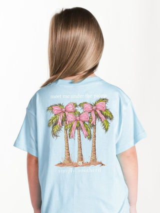 Simply Southern youth glacier blue tee with “Meet Me Under the Palms” graphic and palm trees with pink bows.