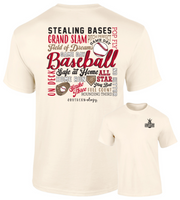 Southernology® Baseball Tee in cream with bold graphic on the back featuring iconic baseball phrases. Made from super-soft fabric for comfort, with a subtle Southernology® front logo. Perfect for baseball players, fans, and coaches, ideal for game day or casual wear."
