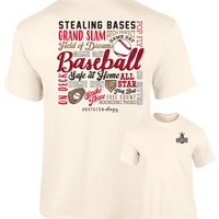 Southernology® Baseball Tee in cream with bold graphic on the back featuring iconic baseball phrases. Made from super-soft fabric for comfort, with a subtle Southernology® front logo. Perfect for baseball players, fans, and coaches, ideal for game day or casual wear."