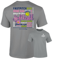 "Southernology® Softball Tee in gray with bold, colorful design on the back featuring softball-inspired phrases in pink, blue, and yellow. The tee has a relaxed fit, small front logo, and is made from a soft cotton blend, perfect for players, coaches, and fans. Ideal for game day or casual wear."
