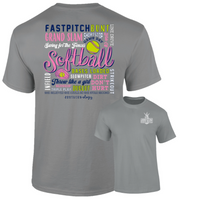 "Southernology® Softball Tee in gray with bold, colorful design on the back featuring softball-inspired phrases in pink, blue, and yellow. The tee has a relaxed fit, small front logo, and is made from a soft cotton blend, perfect for players, coaches, and fans. Ideal for game day or casual wear."