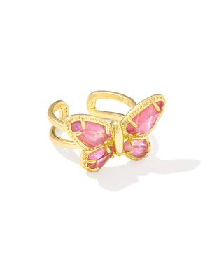 Dolly Parton - Gold Butterfly Cocktail Ring in Light Pink Iridescent Abalone