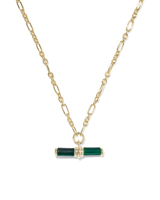Bree Gold Beaded T Bar Short Pendant Necklace - Green Malachite