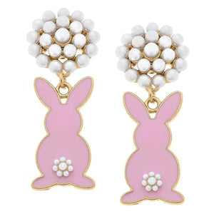 Allie Easter Bunny Pearl Cluster Enamel Earrings in Pink