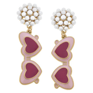 Heart Sunnies Pearl Cluster Enamel Earrings in Pink