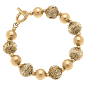 Emory Ribbed Metal Ball Bead T-Bar Bracelet in Worn Gold