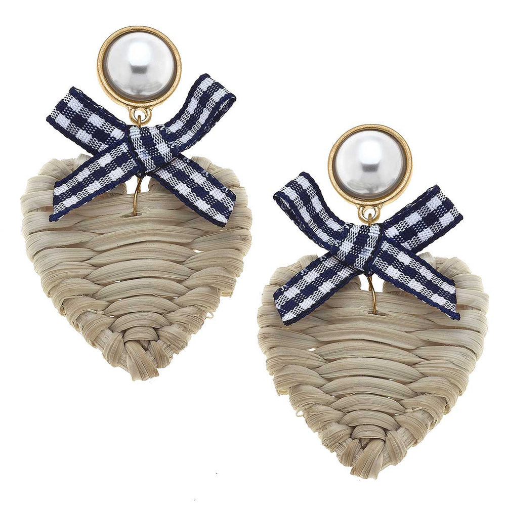 Piper Rattan & Gingham Heart Drop Earrings in Navy