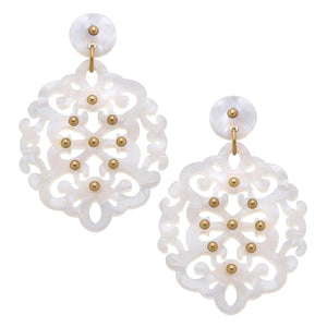 Emmy Filigree Resin Statement Earrings in Mother of Pearl