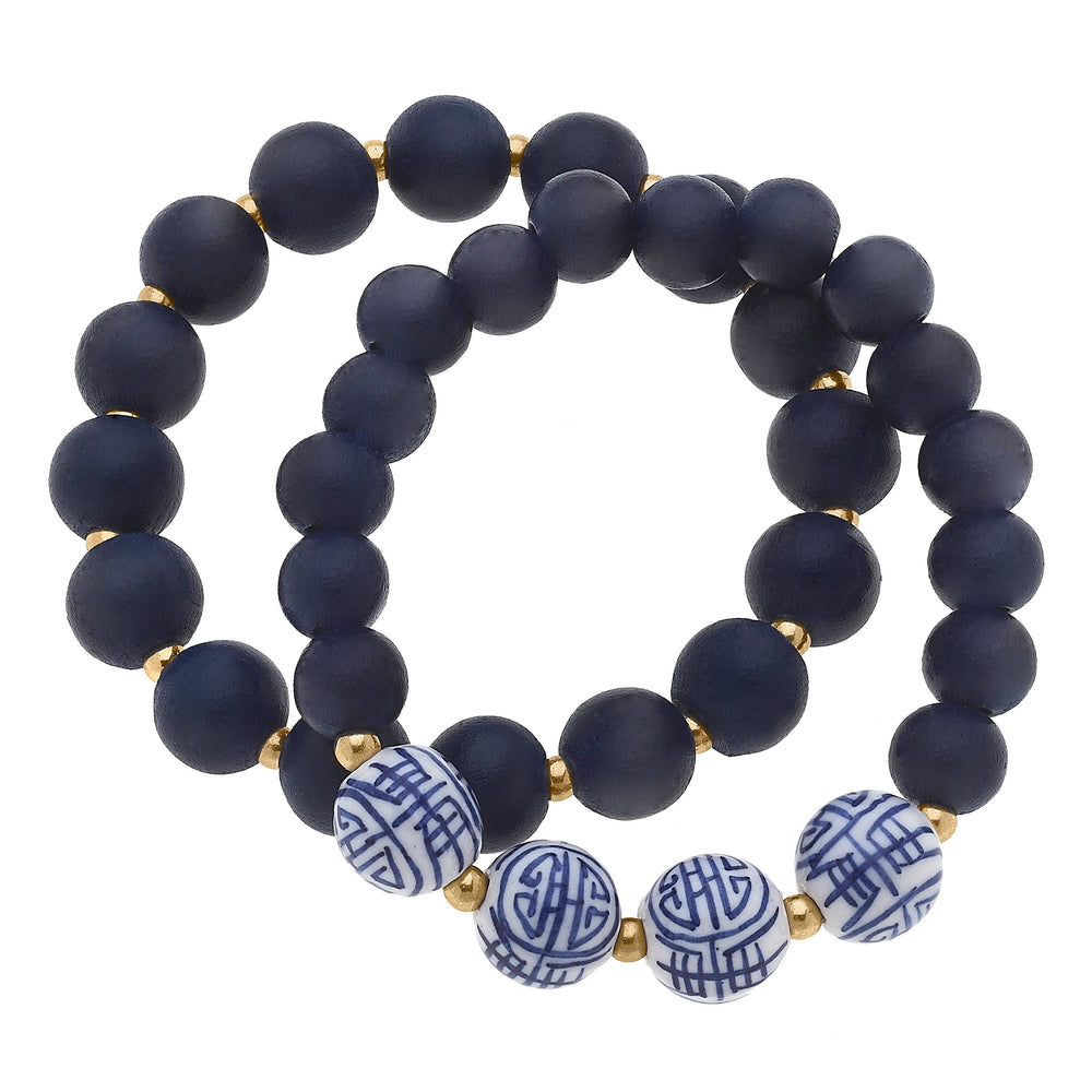 Iris Chinoiserie & Wood Bracelets in Navy - Set of 2