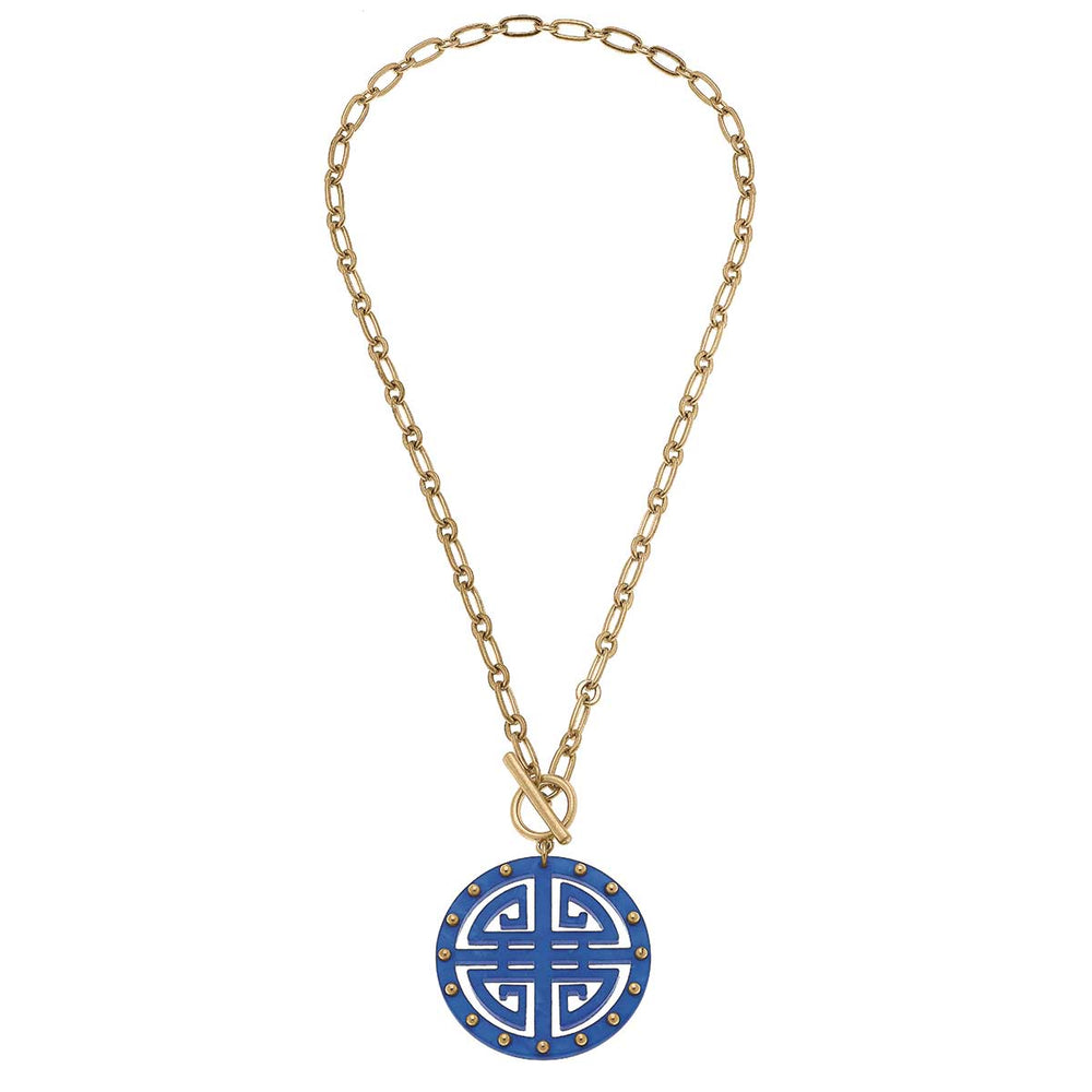 Tara Greek Keys Resin Pendant Necklace in Blue