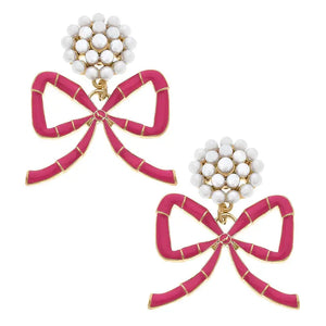 Bamboo Bow & Pearl Cluster Drop Earrings in Pink
