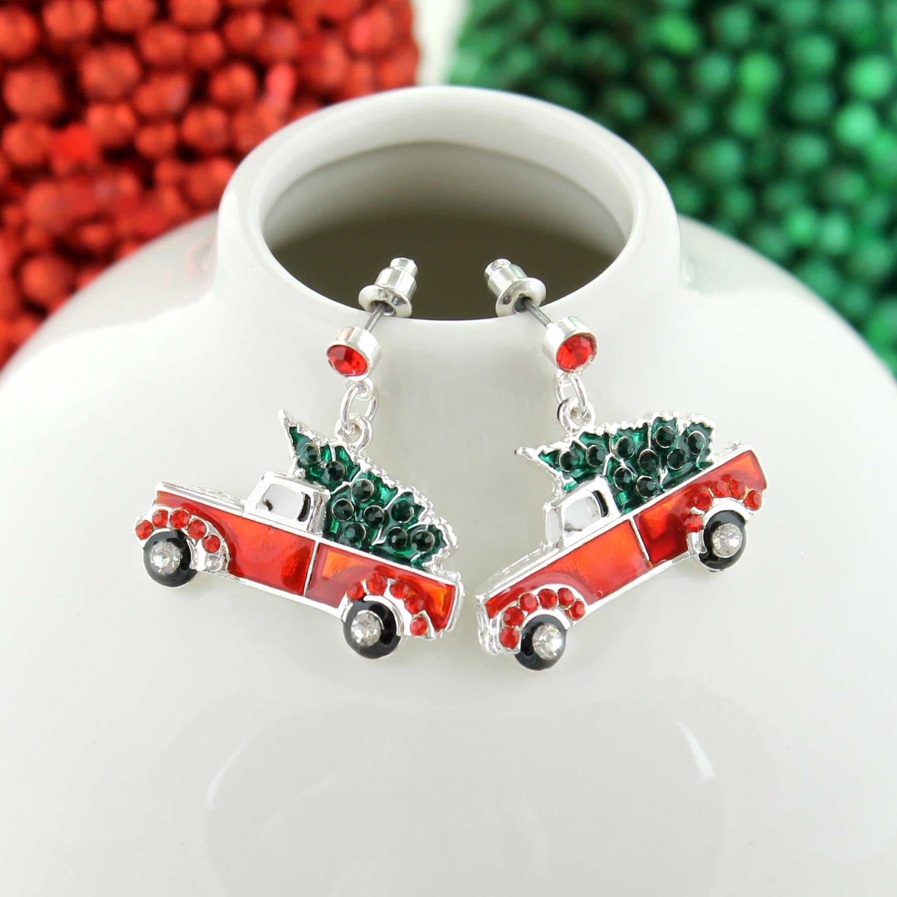 Red truck with christmas tree earrings discount