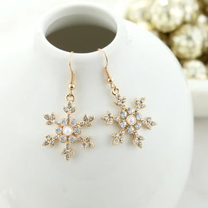Gold Crystal & Pearl Snowflake Earrings