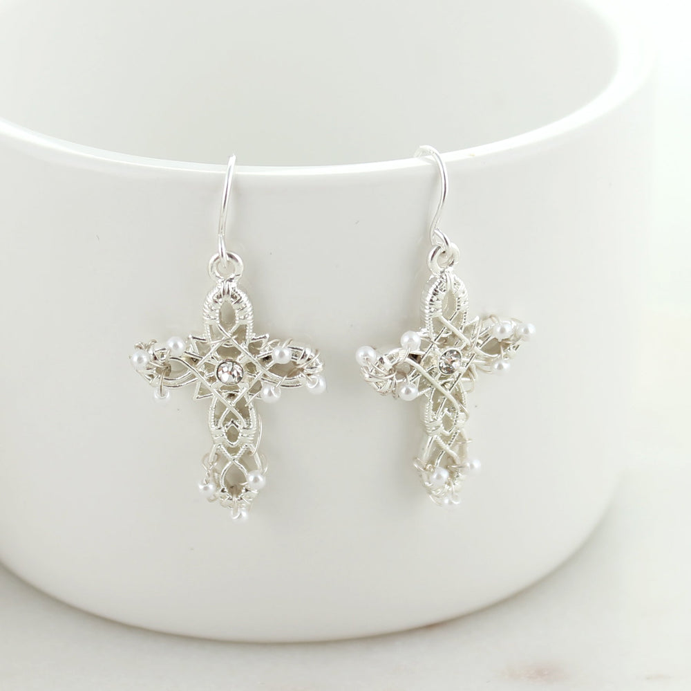 Pearl & Crystal Wire Wrapped Cross Earrings