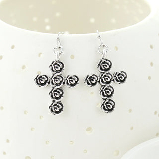 Silver Rose Cross Earrings