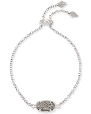 Style | Delicate Elaina adjustable chain bracelet
Colorway | Silver in Platinum Drusy
Pendant | 0.38 inches long x 0.75 inches wide
Circumference | 9 inches
Adjustment | Adjustable slider
Brand | Kendra Scott