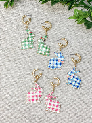 Green & White Stella Enamel Gingham Bunny Earrings