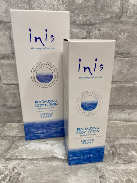 Inis Revitilizing Body Lotion- full of natural botanical oils and skin replenishing sea mineral and sea weed extracts.