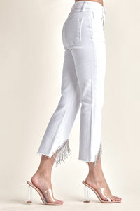 Risen - White High-Rise Rhinestone Fringe Hem Straight Jeans
