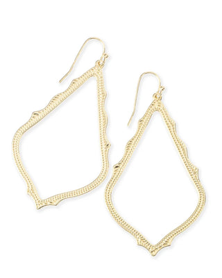 Metal | 14k gold plated over brass
Design | Delicate metallic frame with dainty detailing
Style | Drop earrings
Dimensions | 2.75" L x 1.875" W on earwire
Closure | Earwire