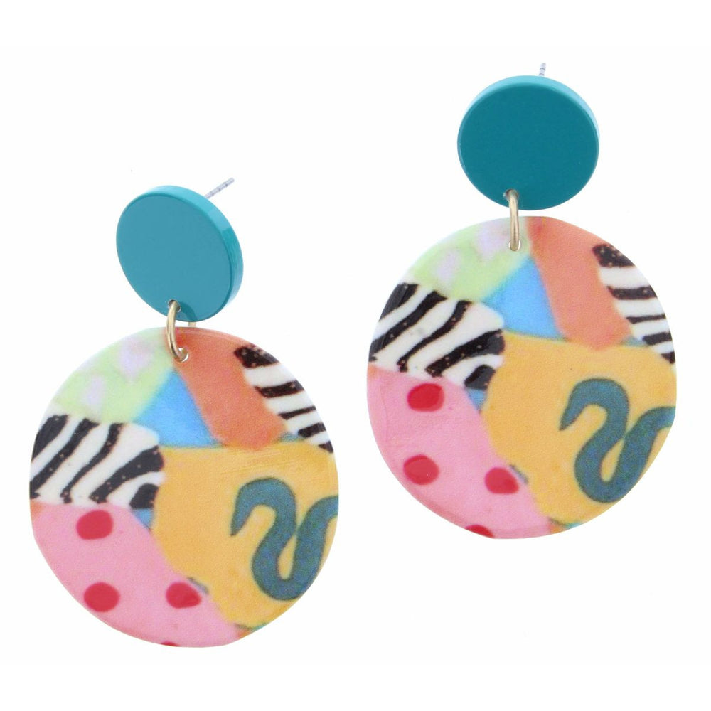 TURQUOISE DISK WITH MULTI PATTERN CIRCLE EARRING