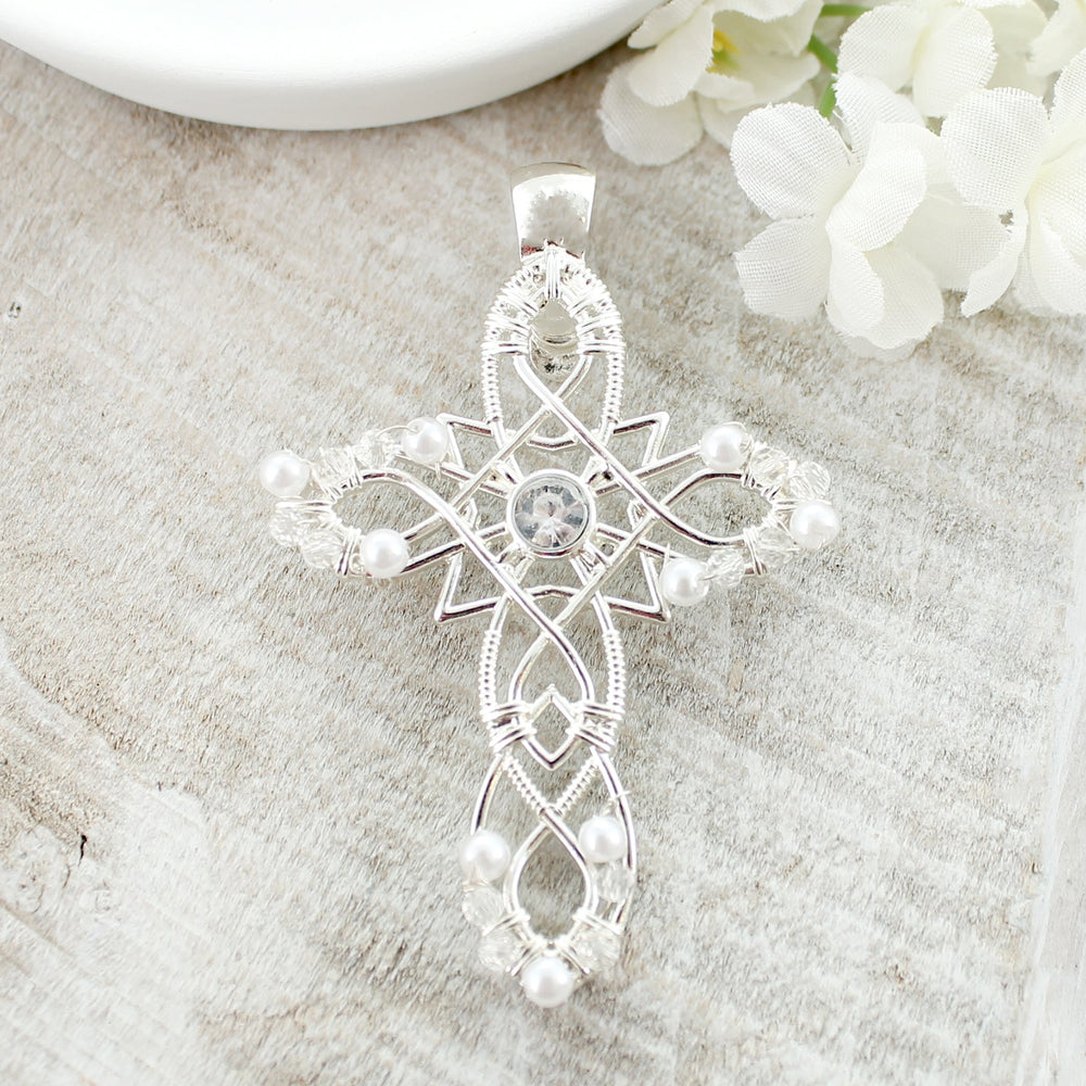 Pearl & Crystal Wire Wrapped Cross Pendant