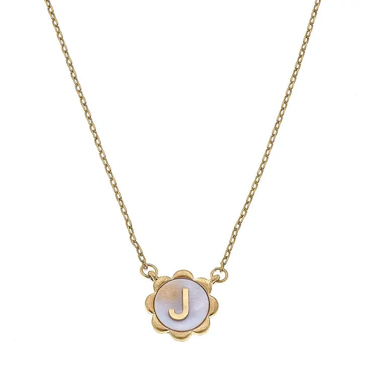 Juliette Mother of Pearl Scalloped Initial Necklace in Worn Gold