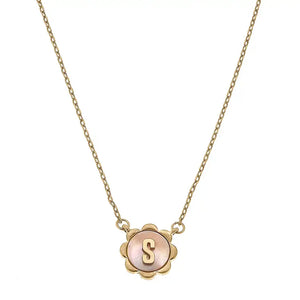 Juliette Mother of Pearl Scalloped Initial Necklace in Worn Gold