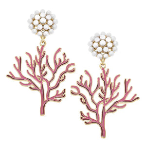 Coral Enamel Pearl Cluster Earrings in Pink