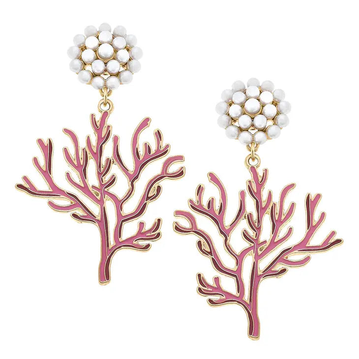Coral Enamel Pearl Cluster Earrings in Pink