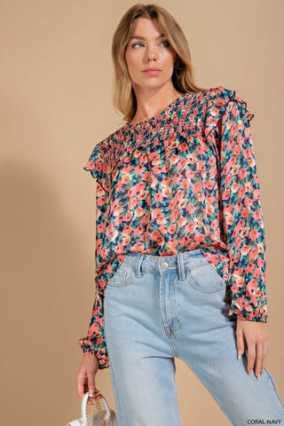 Navy and Coral Floral Print Top