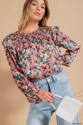 Navy and Coral Floral Print Top