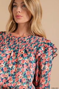 Navy and Coral Floral Print Top