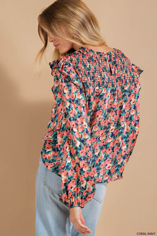 Navy and Coral Floral Print Top