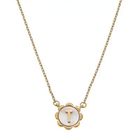Juliette Mother of Pearl Scalloped Initial Necklace in Worn Gold
