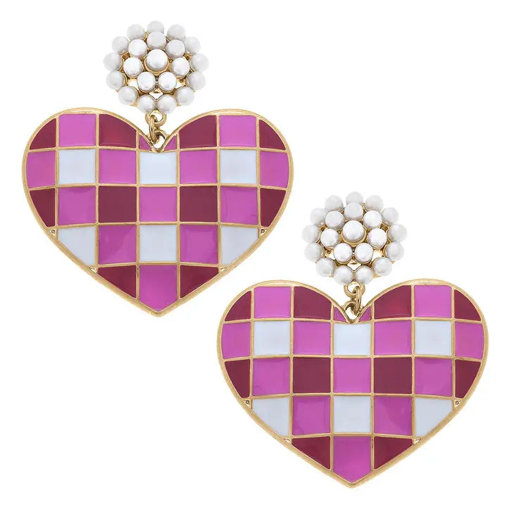 Gingham Heart Pearl Cluster Enamel Earrings in Fuchsia
