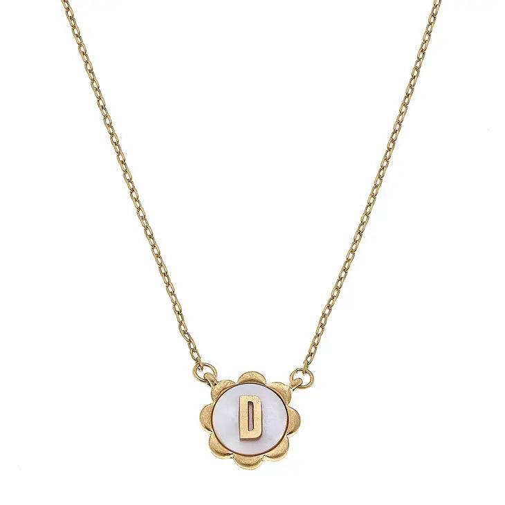 Juliette Mother of Pearl Scalloped Initial Necklace in Worn Gold