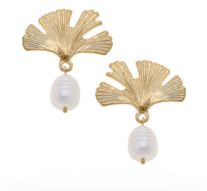 London Ginkgo & Pearl Drop Earrings in Worn Gold