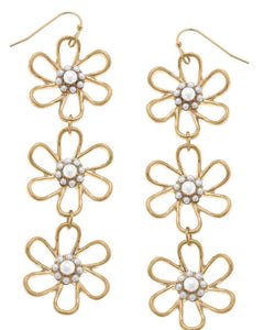 Florence Pearl Flower Drop Earrings in Ivory & Worn Gold