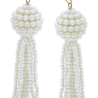 Edie Pearl Beaded Tassel Drop Earrings in Ivory