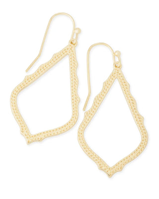 Metal | 14k gold plated over brass
Design | Delicate metallic frame with dainty details
Dimensions | 1.75" L x 0.82" W on earwire
Closure | Earwire
Style | Gold drop earrings